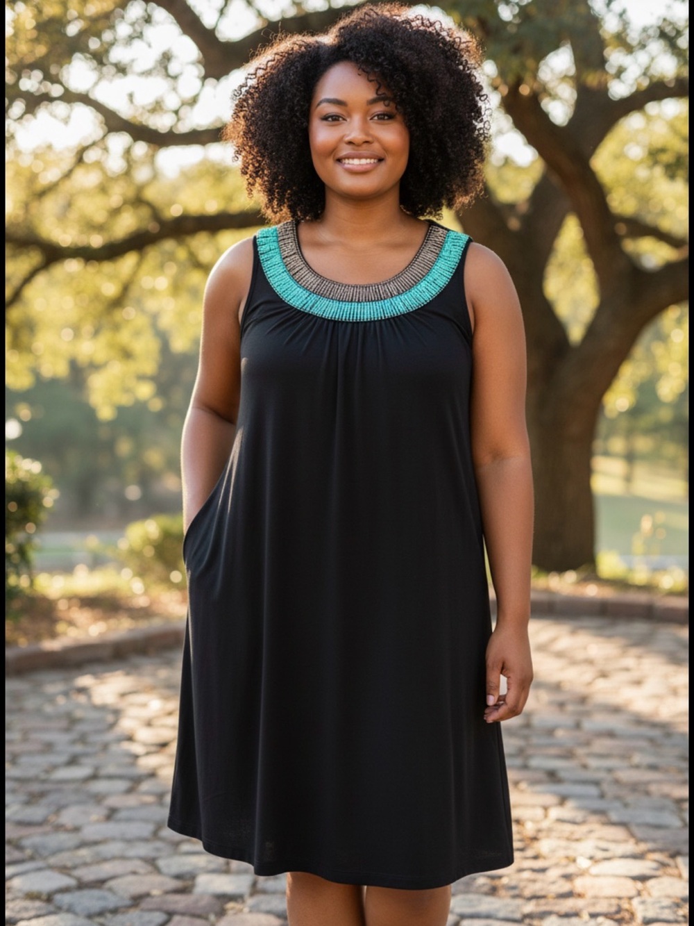 Ronni Nicole Black Sleeveless Dress with Turquoise and Bronze Beaded Collar